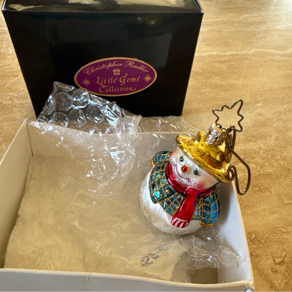 Christopher Radko Gold-Hat Snowman Ornament - White and Red Holiday Decoration.